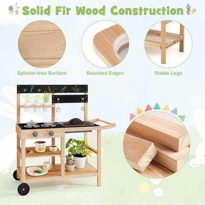 Mud Fir Wood Play Kitchen Kitchen with Wheels and Blackboard