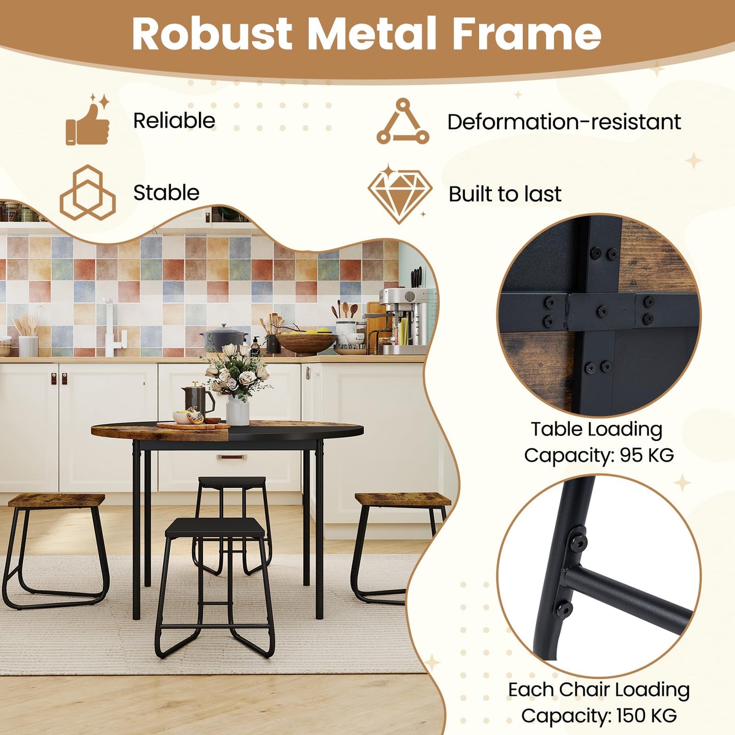 5 Piece Dining Table Set, Round Kitchen Table and Stools