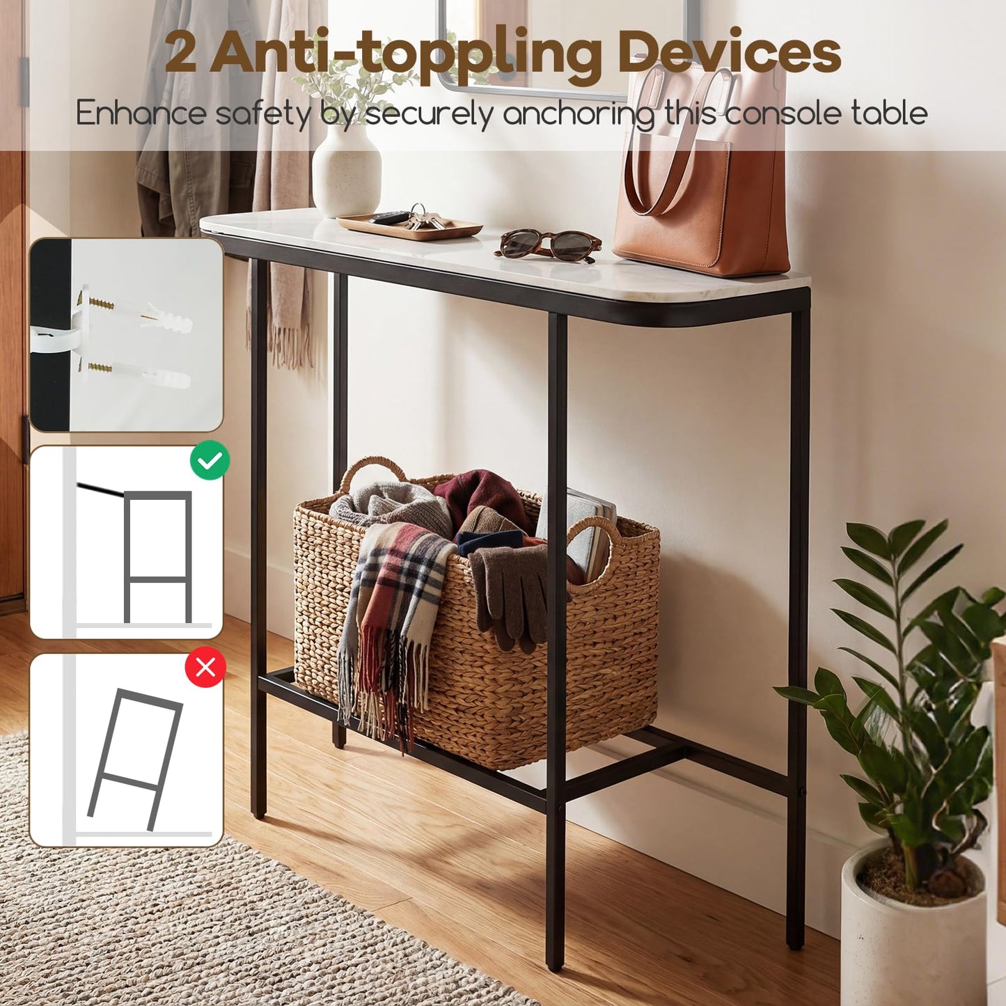 Entryway Table with Faux Marble Top and Metal Frame for Hallway