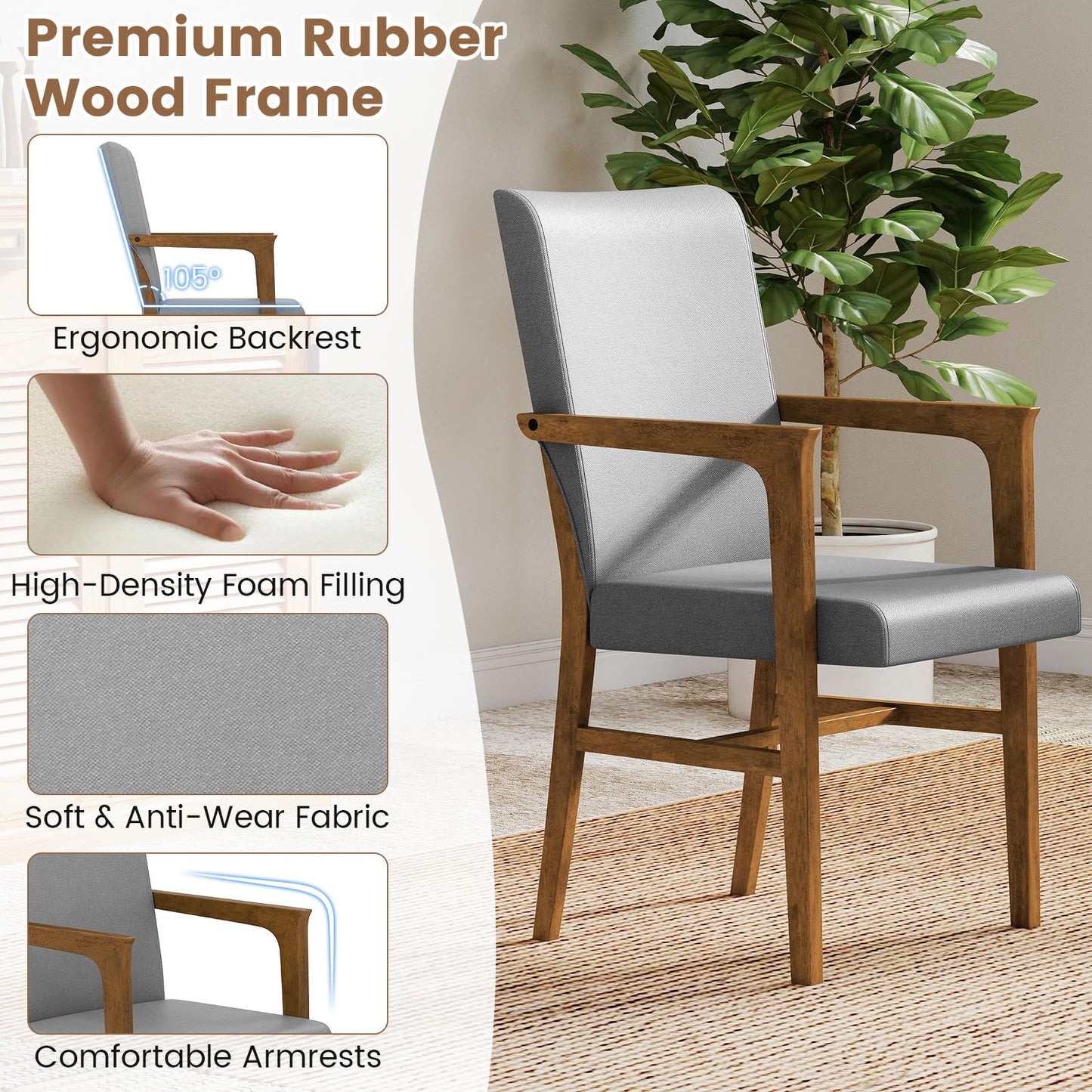 Mid-Century Modern Dining Chairs Set of 2 with High Back and Soft Cushion