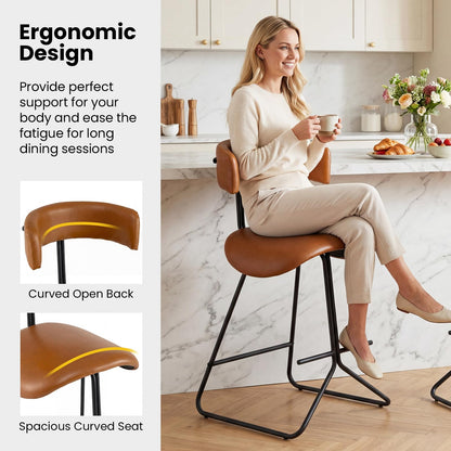 Bar Stools Set of 2, Fabric/PU Leather Upholstered Bar Chairs with Curved Back