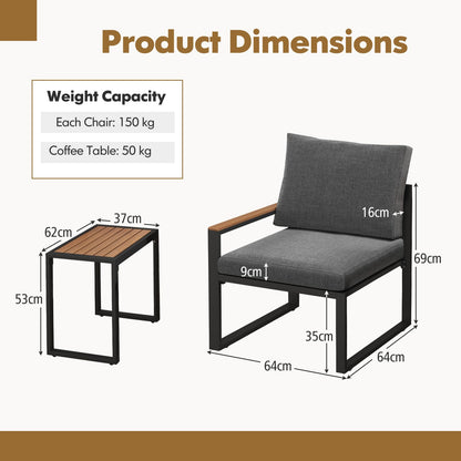 3-Piece Aluminum Frame Garden Conversation Furniture Set with Removable Cushions