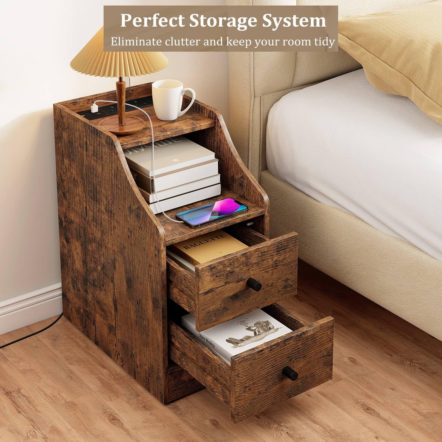 End Table with Charging Station & Storage Drawers for Small Space Living Room Bedroom