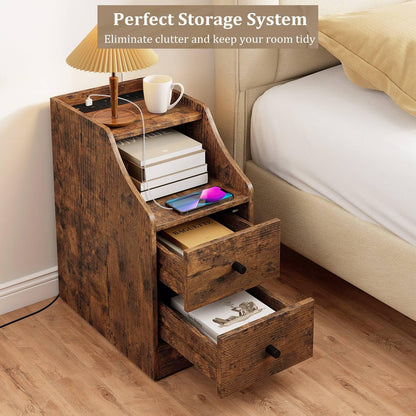 End Table with Charging Station & Storage Drawers for Small Space Living Room Bedroom