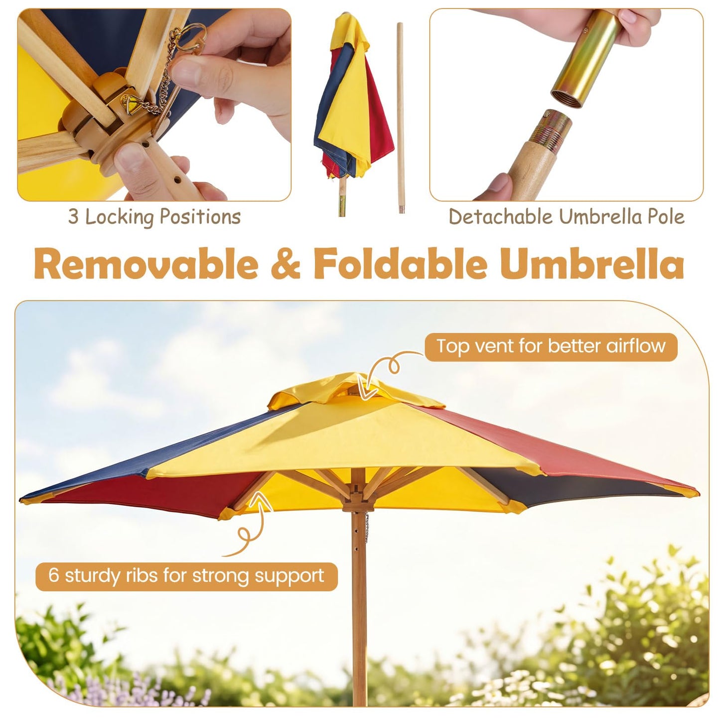 Kids Picnic Table Bench Set, Children 4 Seat Activity Play Table with Removable & Folding Umbrella