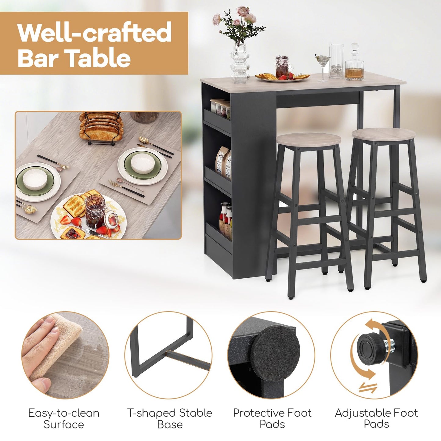 3 Piece Bar Table Set, Dining Table and 2 Stools with 3-Tier Side Shelves & Footrest