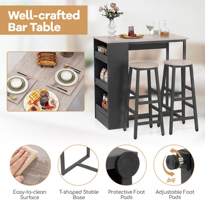 3 Piece Bar Table Set, Dining Table and 2 Stools with 3-Tier Side Shelves & Footrest