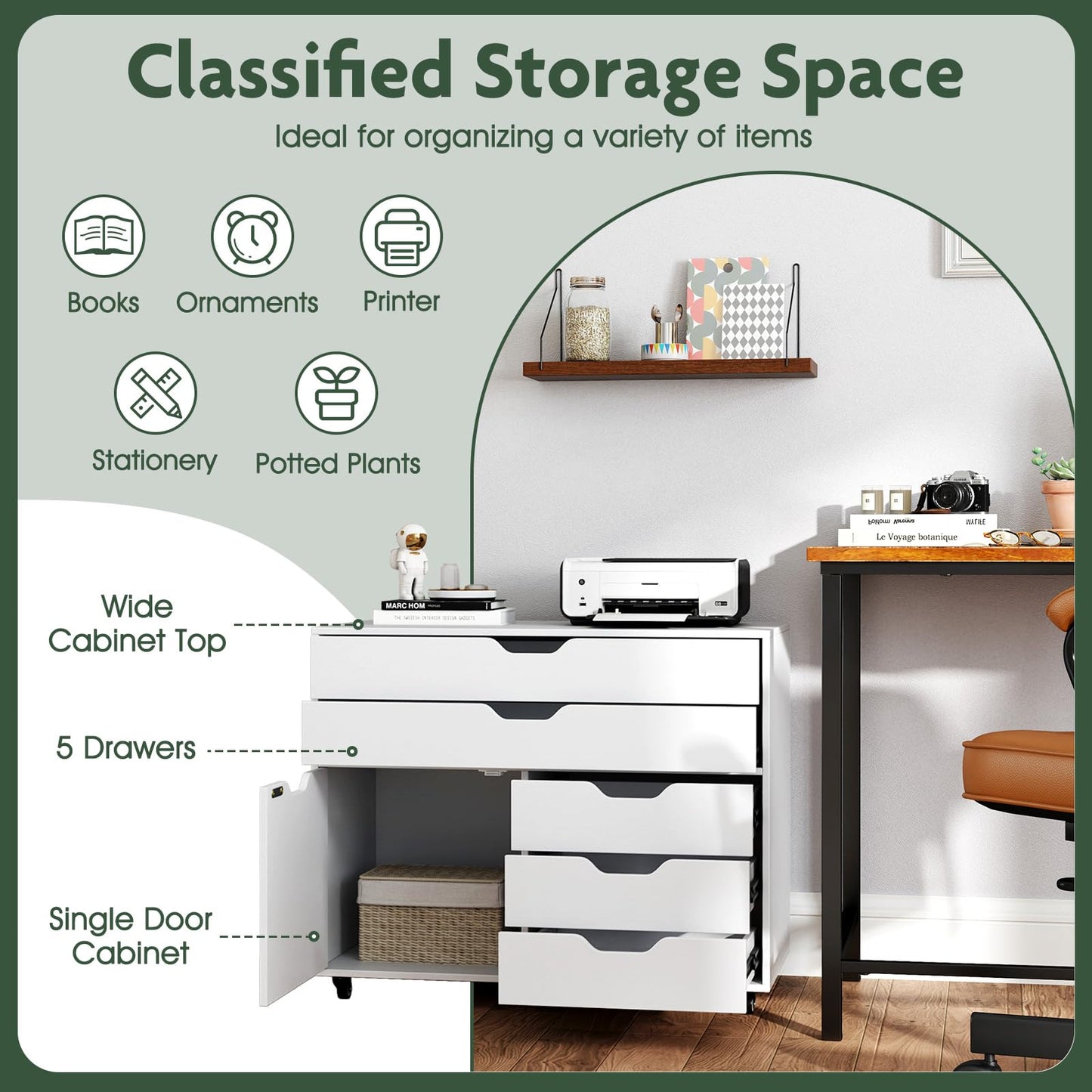 5-Drawer Chest with Door Mobile Chest of Drawers with 5 Casters