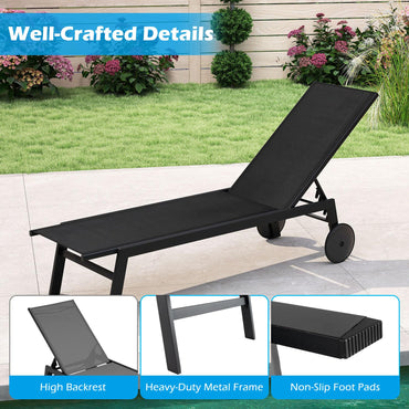 Patio Chaise Lounge Chair with Wheels Outdoor Recliner with 6-Level Adjustable Backrest