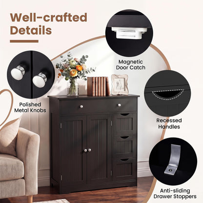 Bathroom Floor Cabinet, Freestanding Wooden Storage Cupboard with 4 Drawers