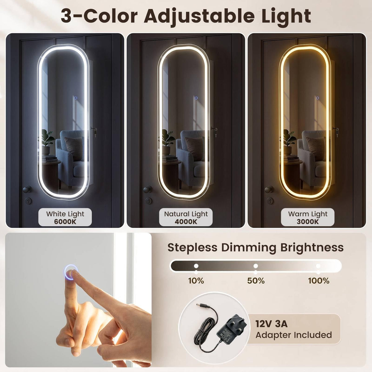 Wall and Door Mounted Jewelry Cabinet with 3-Color Adjustable Full-Length Mirror
