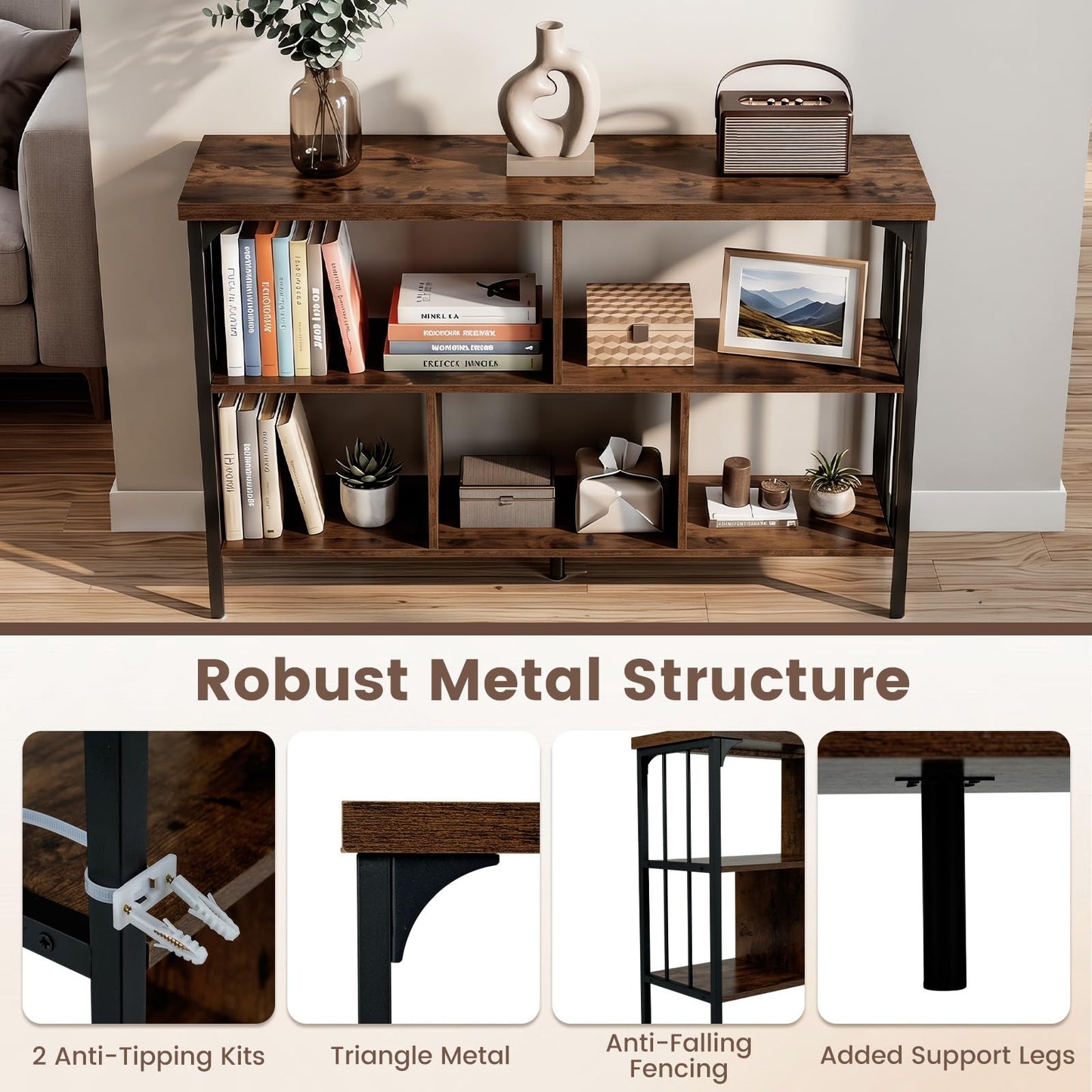 3-Tier Bookshelf with 2 Anti-Tipping Kits Metal Frame and Fencing