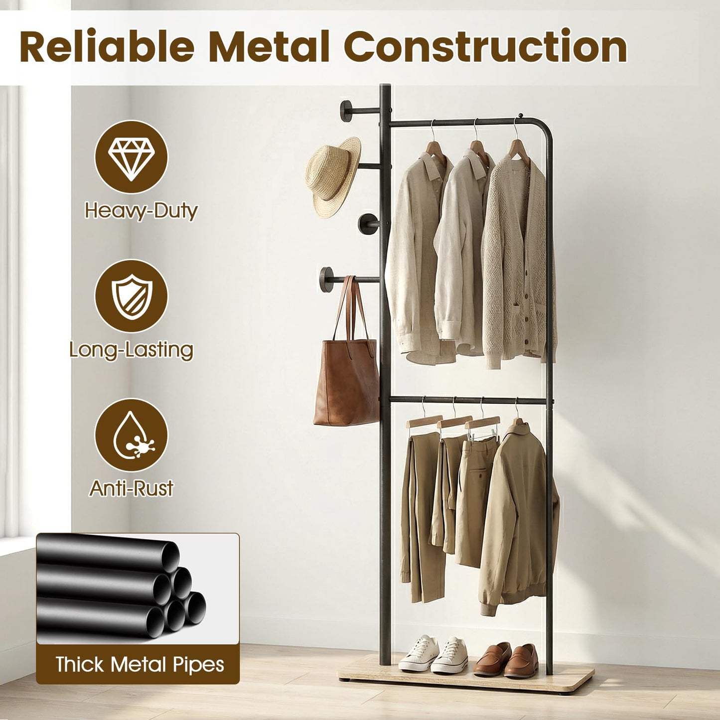 Heavy-Duty Clothes Rail, Metal Clothes Rack Garment Coat Stand with Double Rails