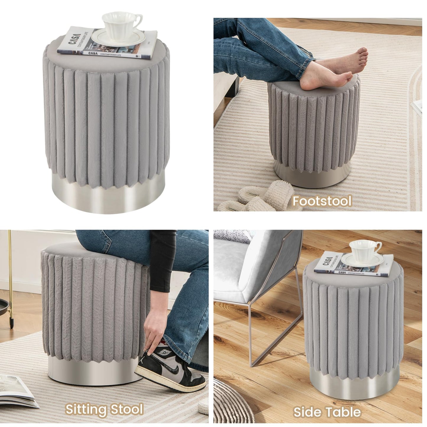 Upholstered Footrest Stool with Decorative Vertical Tufting and Heavy-duty Metal Base