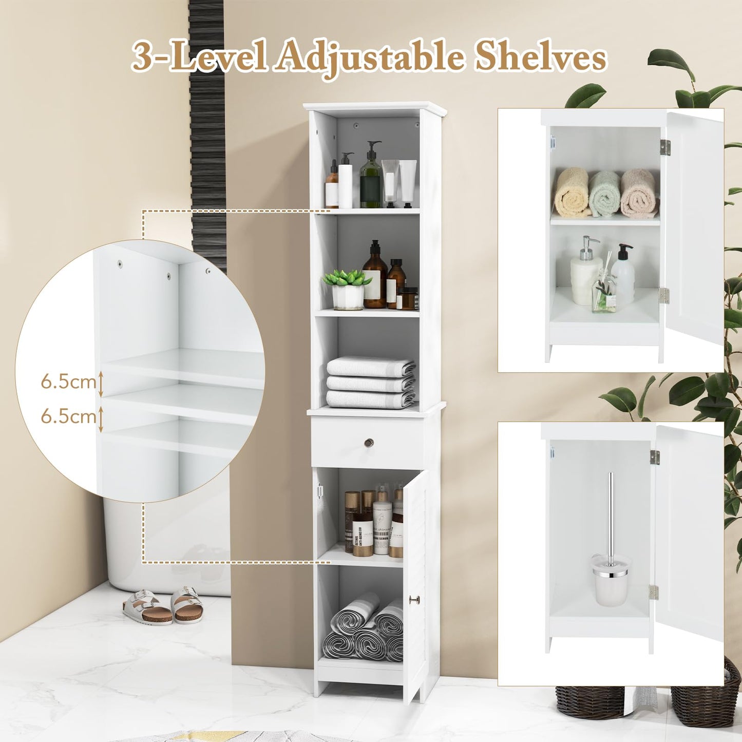 Wooden Freestanding Slim Storage Cupboard with Adjustable Shelves