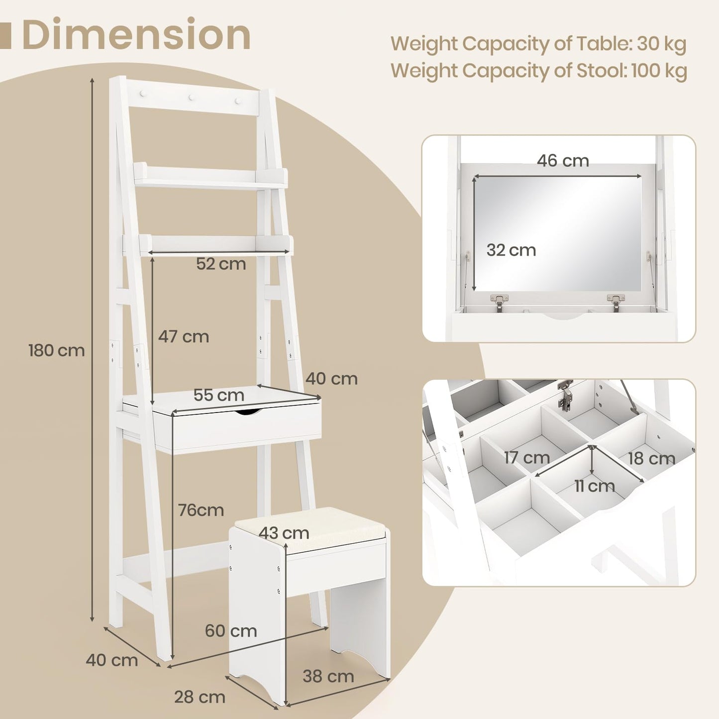Vanity Desk Set with Flip Top Mirror and Hooks