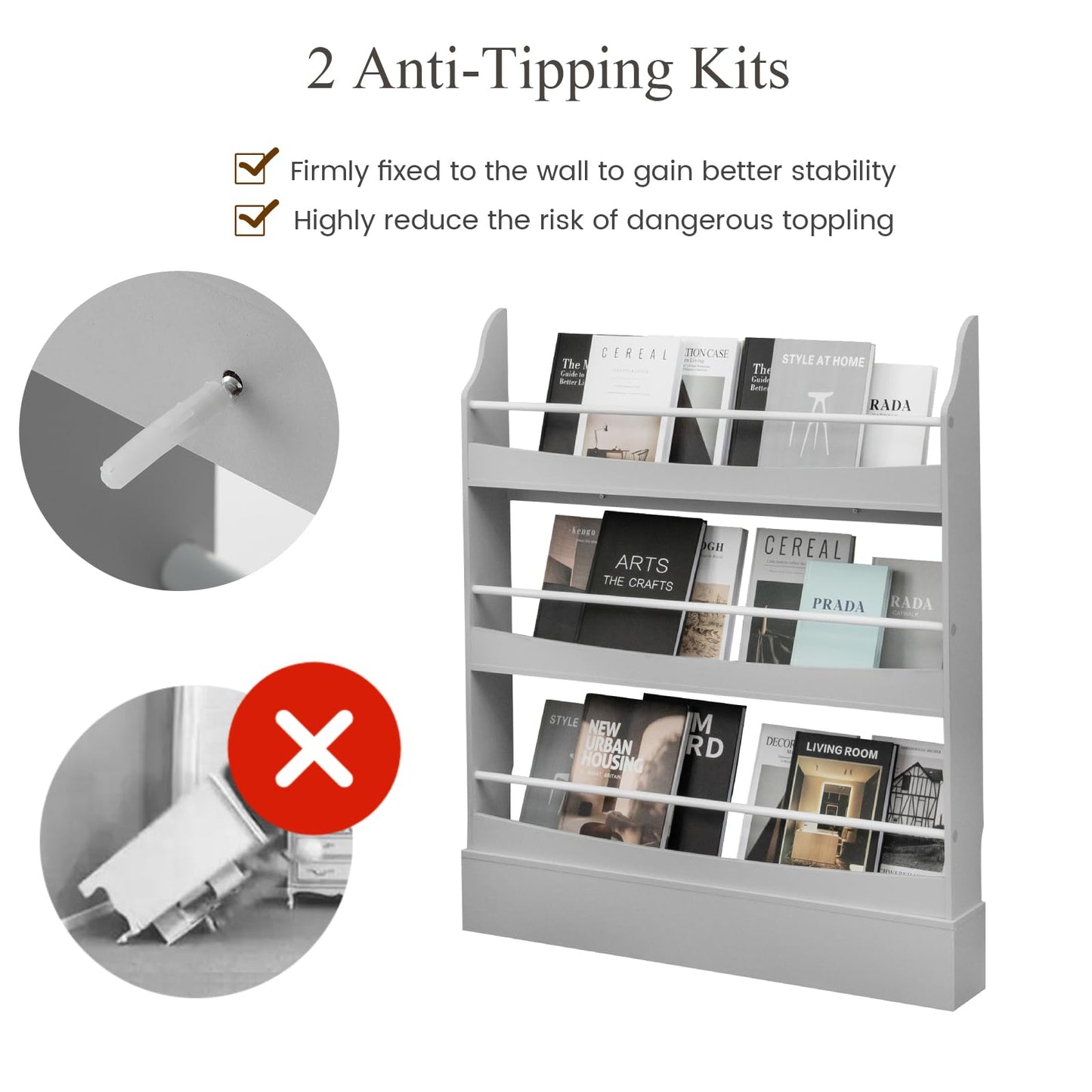 3-Tier Standing Bookshelf with 2 Anti-Tipping Kits and Guardrails-Grey