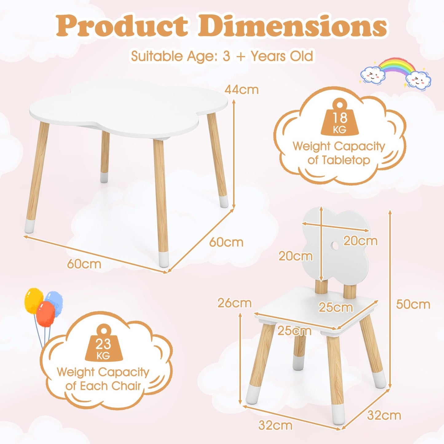Kids Table and Chair Set, Children Activity Table with 2 Chairs and Pine Wood Legs