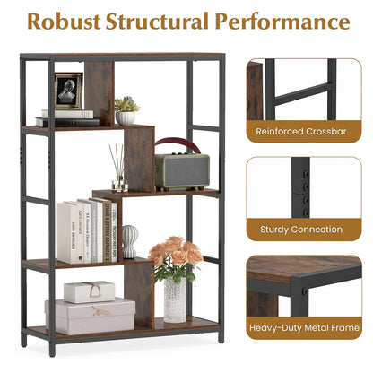 5-Tier Geometric Bookshelf with Open Shelves (Golden + White) | Metal Frame Bookcase Display Stand