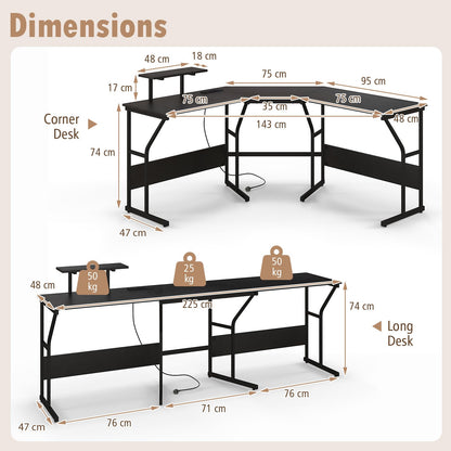 L-Shaped Computer Desk, 225cm Convertible Double Study Writing Workstation
