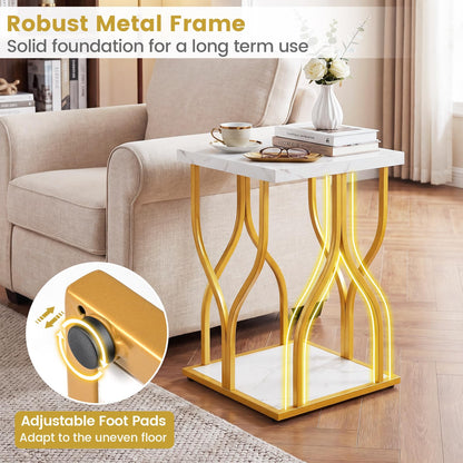2-Tier Sofa Side Table, Faux Marble End Table with Storage Shelf