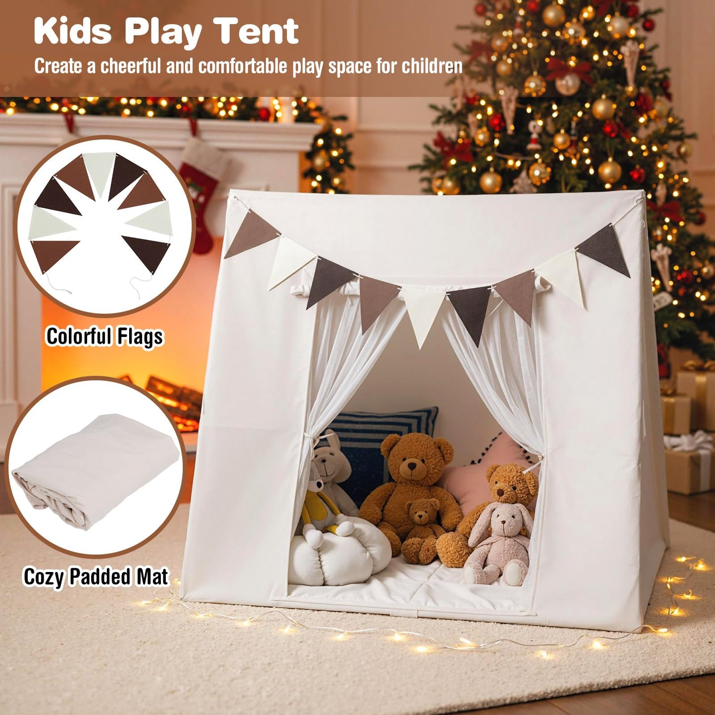 Large Kids Playhouse Tent with Washable Padded Mat and Colorful Flags