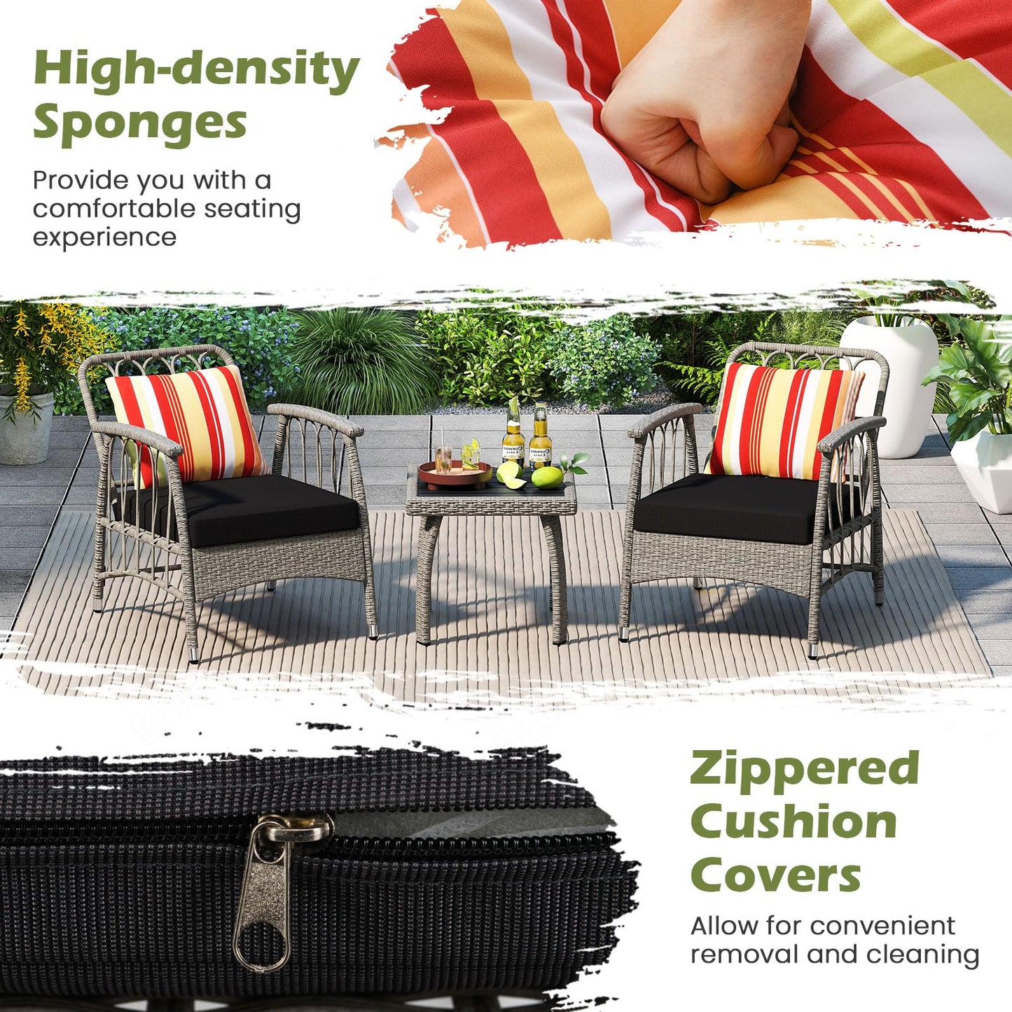 3 Pieces Patio PE Wicker Furniture Set with 5-Level Adjustable Backrest