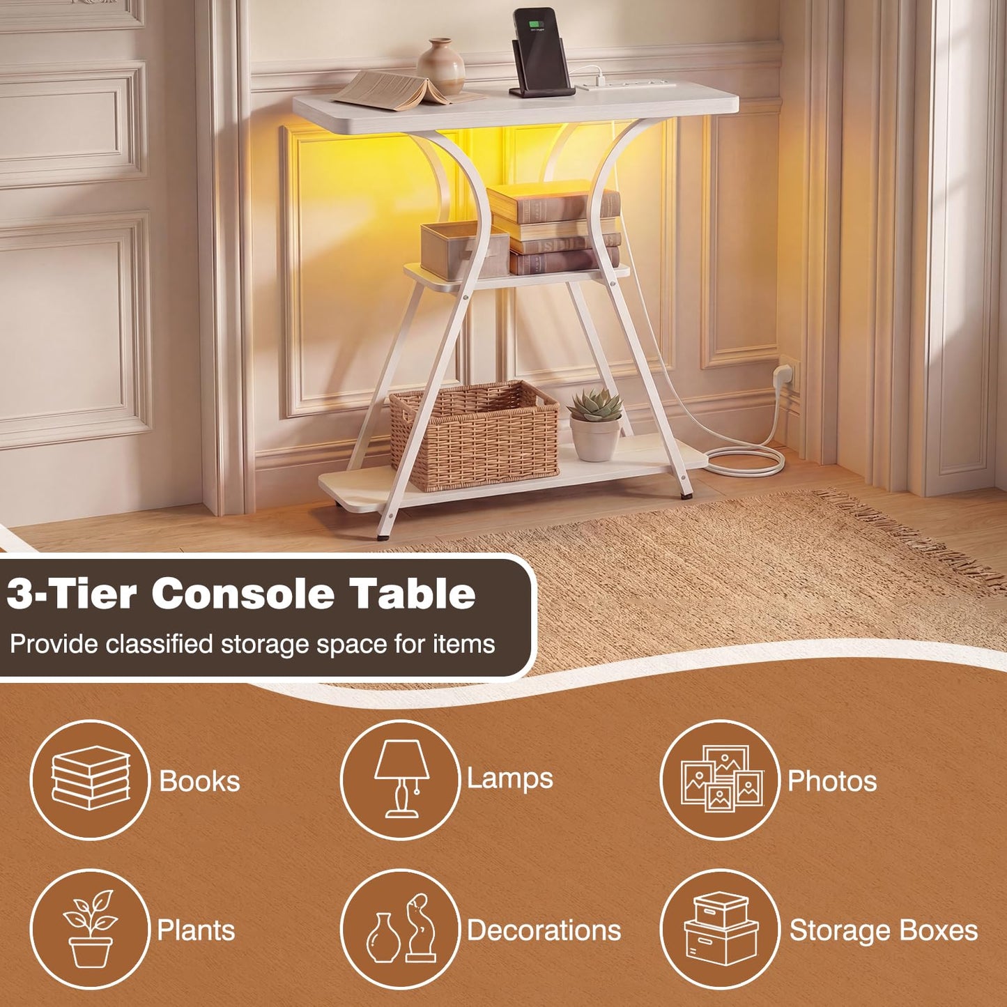 Console Table with LED Light and Power Outlet, 3-Tier Narrow Entryway Table