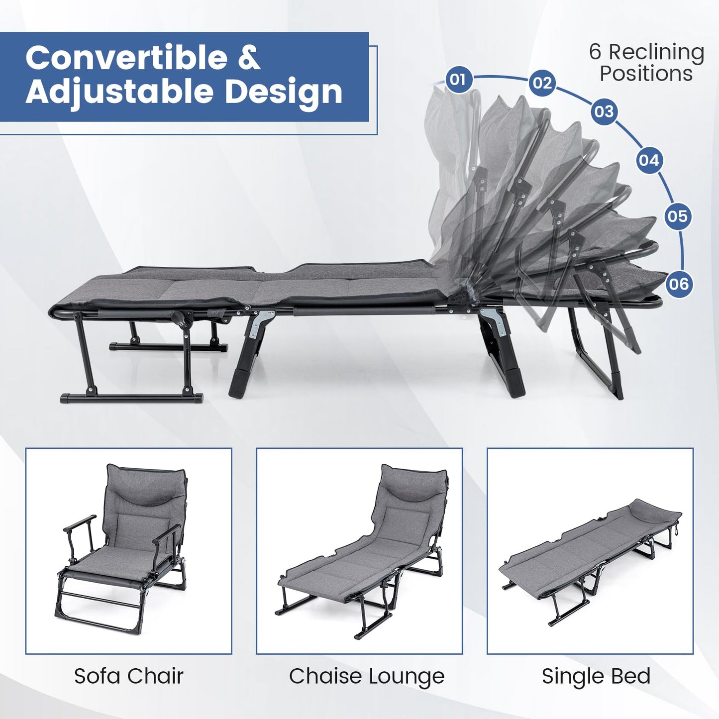 3-in-1 Folding Camping Cot Convertible Heavy Duty Metal with Adjustable Backrest