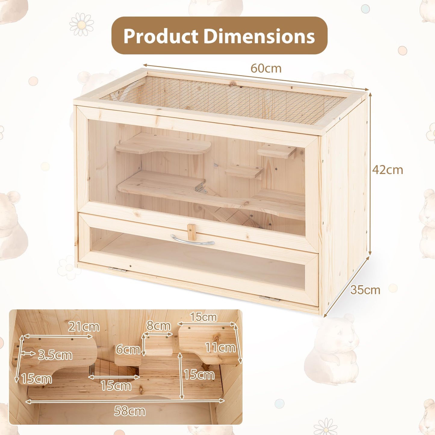 Fir Wood Mouse Habitat Cage with Mesh Flip Roof