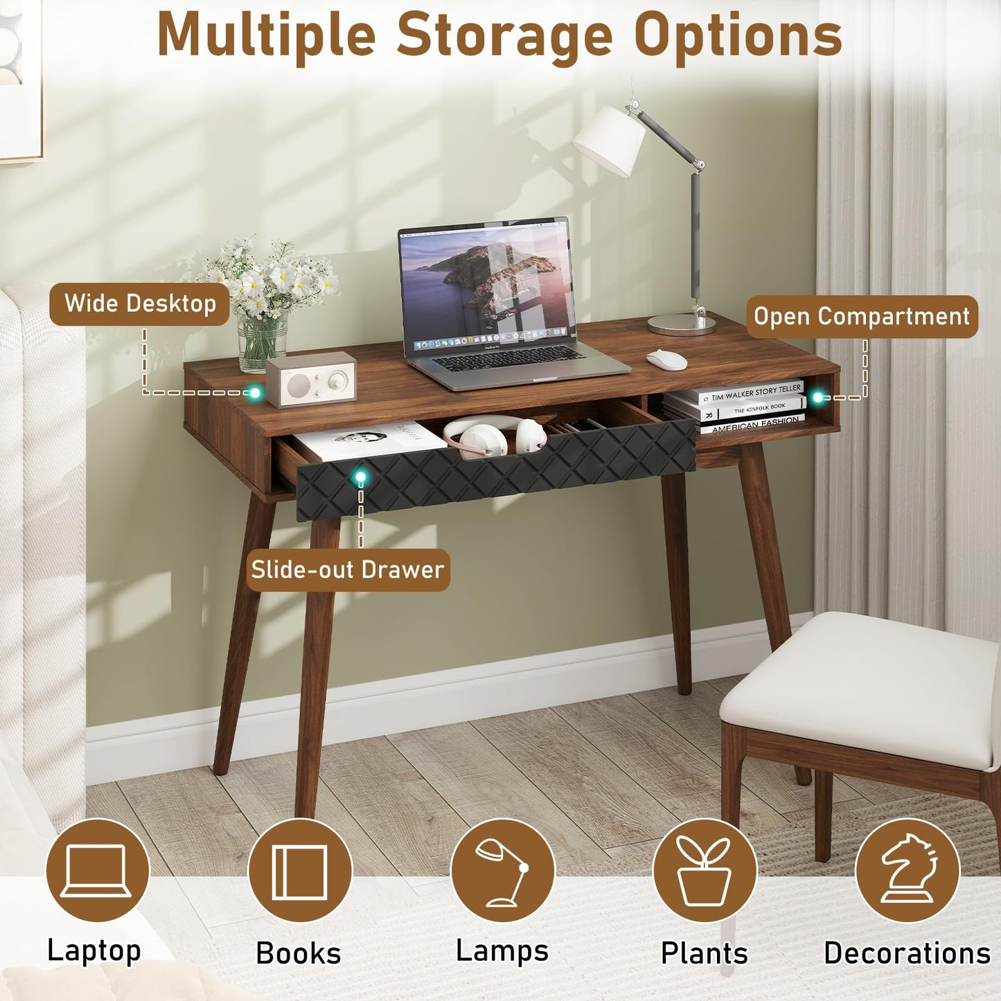 Wooden Computer Desk, 108cm Mid-Century PC Laptop Table Writing Workstation