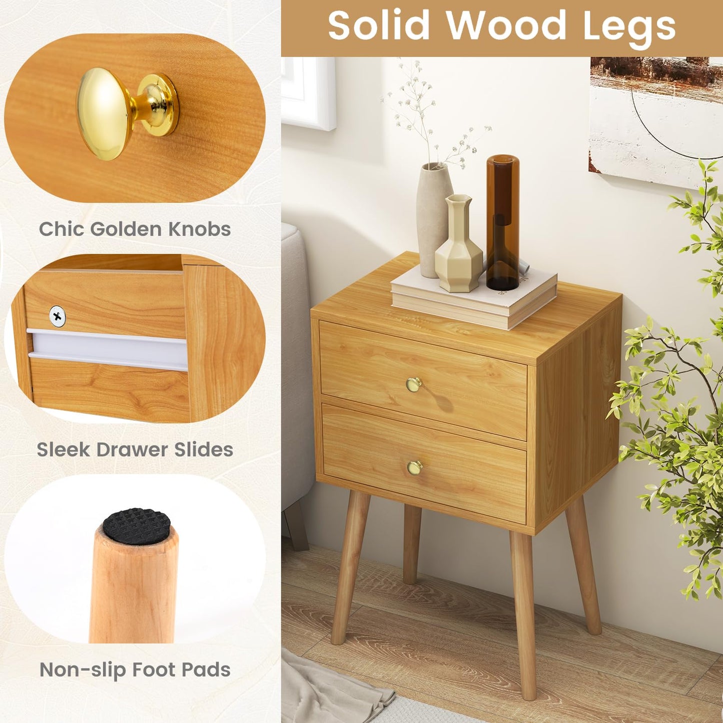 2-Drawer Nightstand with Solid Wood Legs for Bedroom
