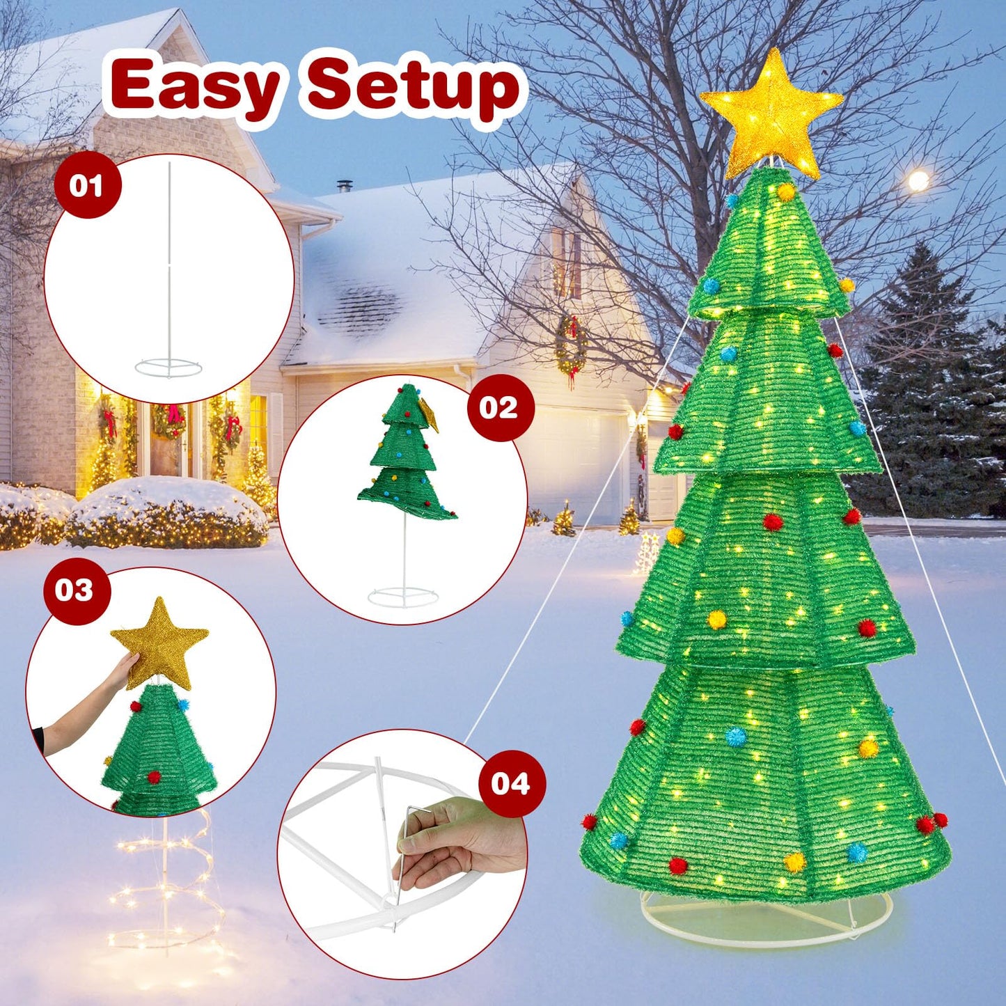 190 CM Lighted Collapsible Christmas Tree with 200 LED Warm Light