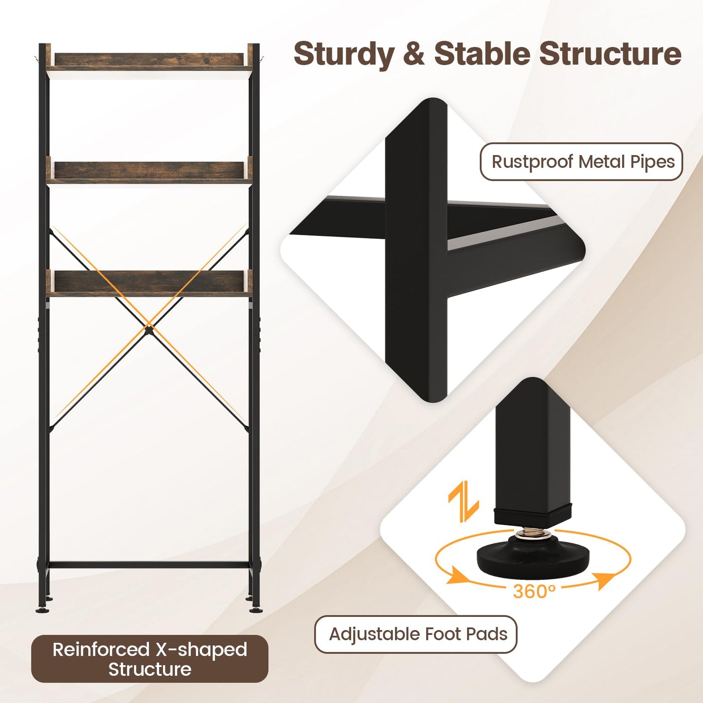 3-Tier Over The Toilet Storage Rack with 4 Hooks and Adjustable Bottom Bar