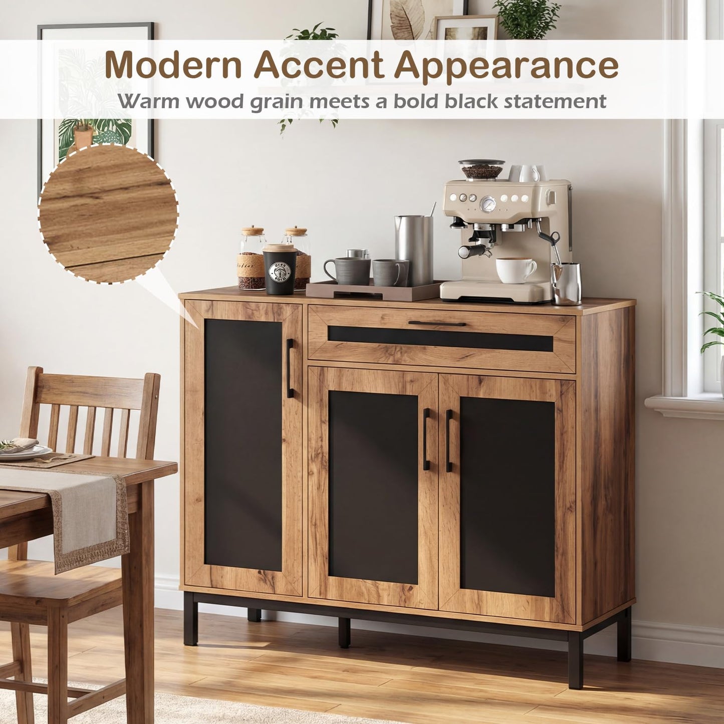 Storage Cabinet, Wooden Buffet Sideboard with Drawer, Doors, Removable Shelves