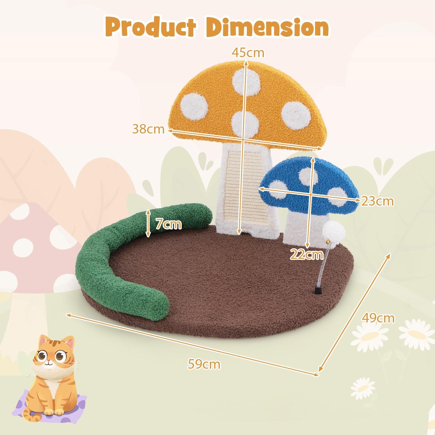 Mushroom Cat Bed with Wide Large Platform and Sisal Scratching Panel