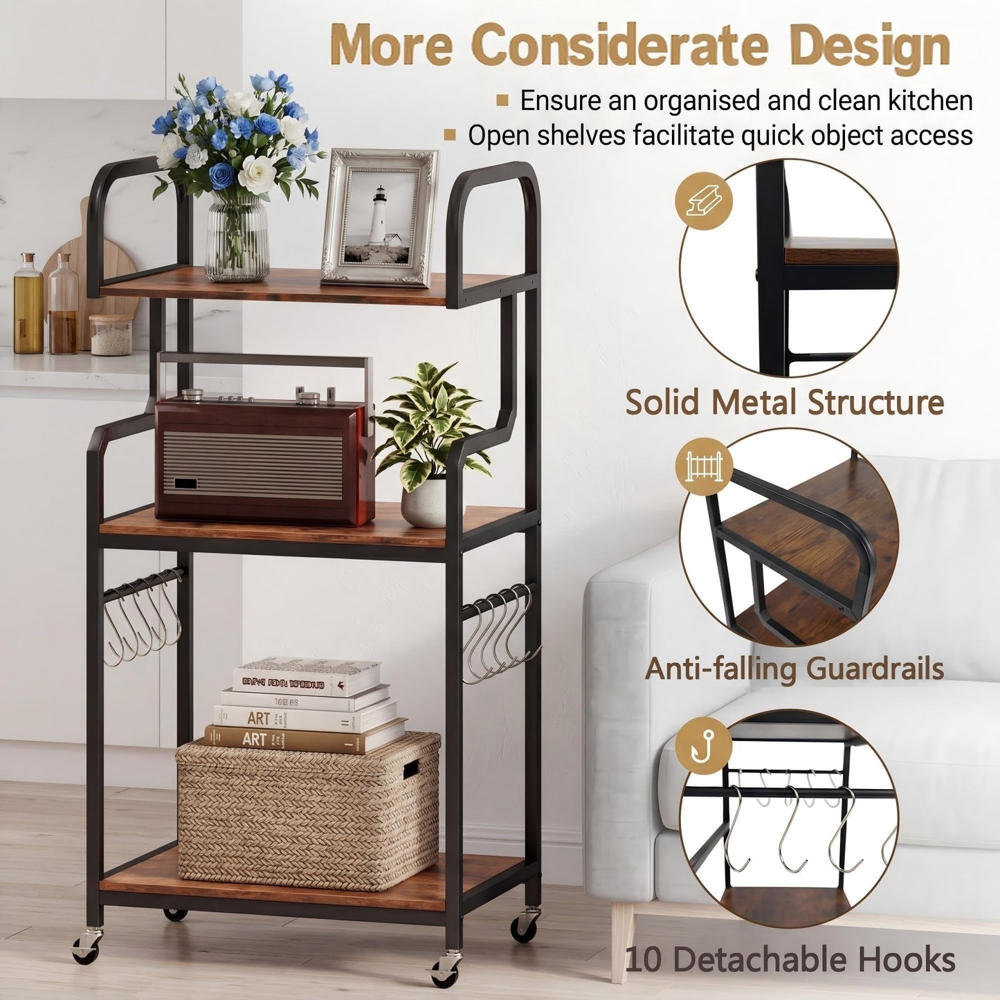 3-Tier Rolling Printer Stand with Storage Shelves and Hooks