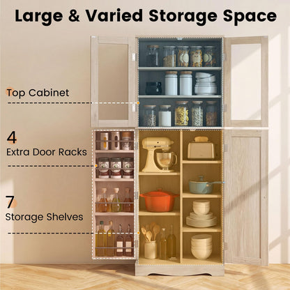 Kitchen Pantry Storage Cabinet with Glass Doors and Storage Shelves