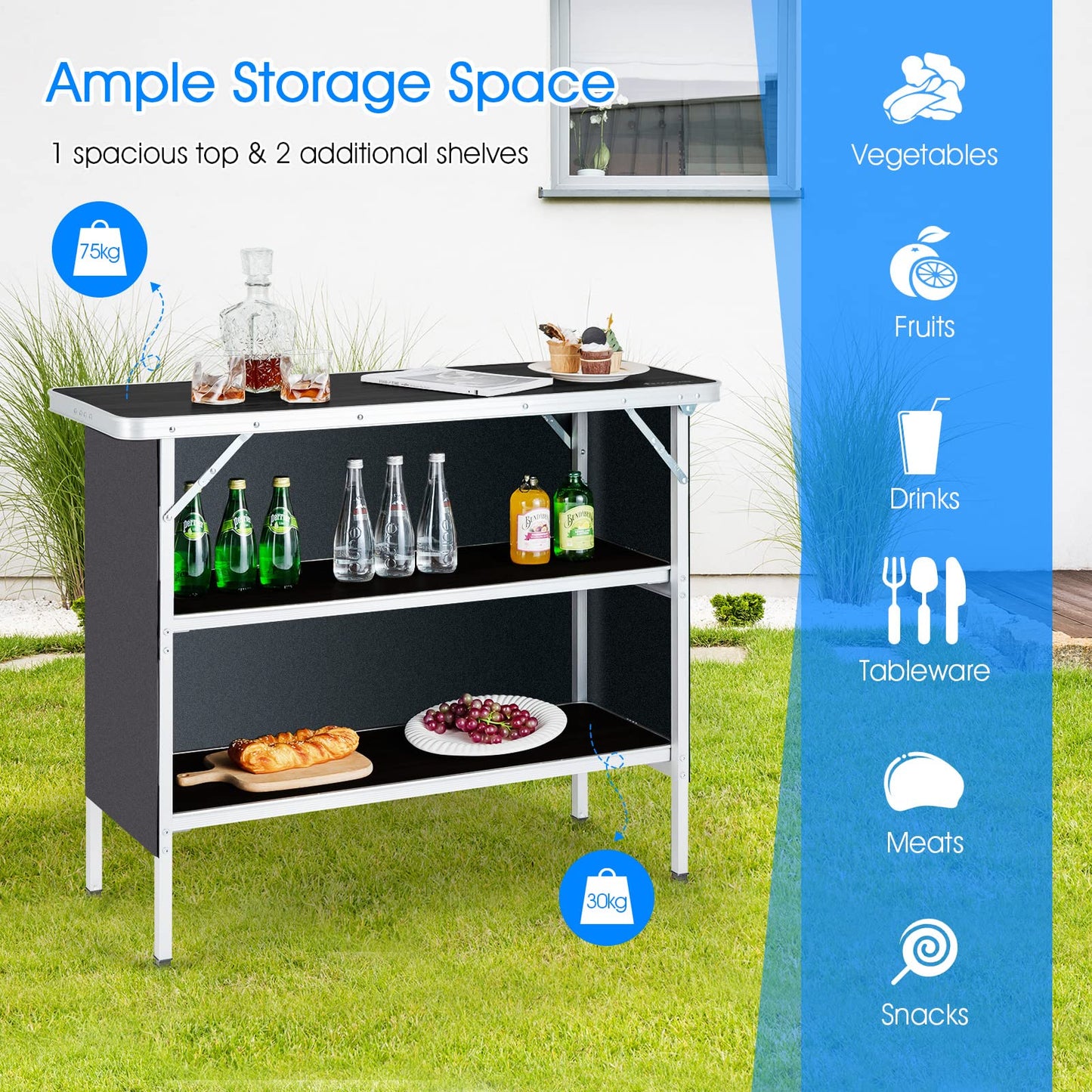 Aluminum Portable Picnic Table with 2 Tier Open Shelves