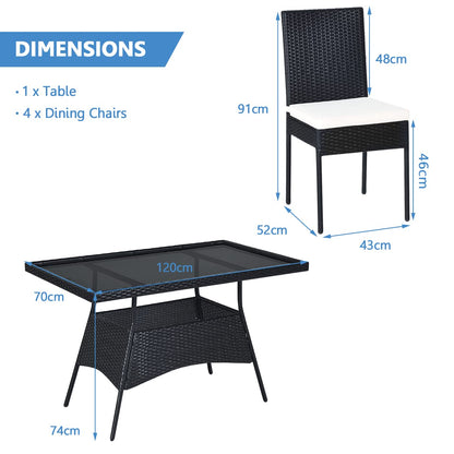 5 pcs Wicker Garden Table and Chairs Set with Tempered Glass Top & Removable Cushions