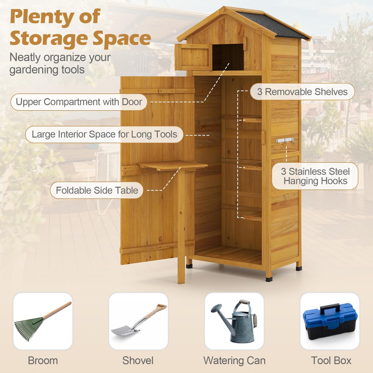 Wooden Garden Shed, Outdoor Tool Storage Cabinet with Foldable Table