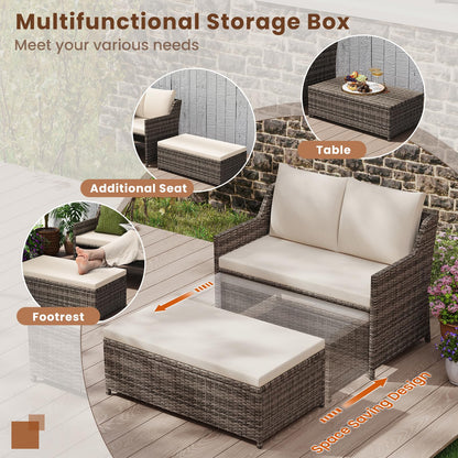 Outdoor PE Rattan Conversation Set with Built-in Storage Bin