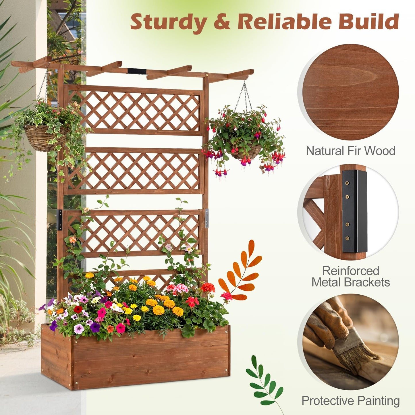 Wooden Planter Box Raised Garden Bed with Lattice Trellis
