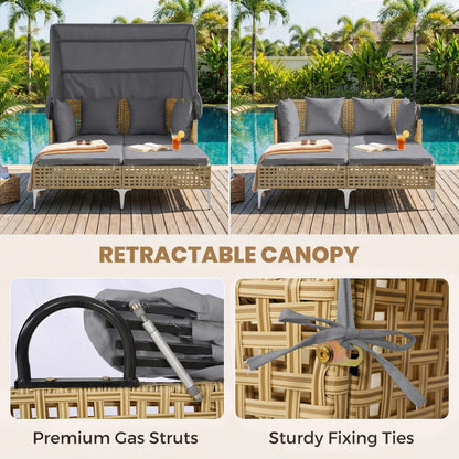 Garden Rattan Daybed, Patio Double Chaise Lounger Sun Bed with Retractable Canopy