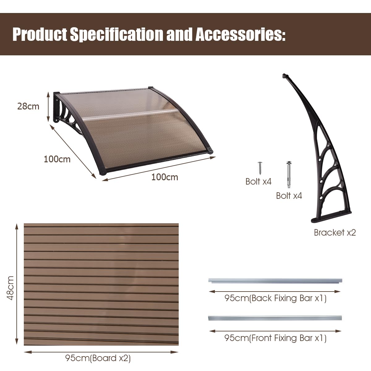 100 x 100cm Polycarbonate Door Awning Canopy