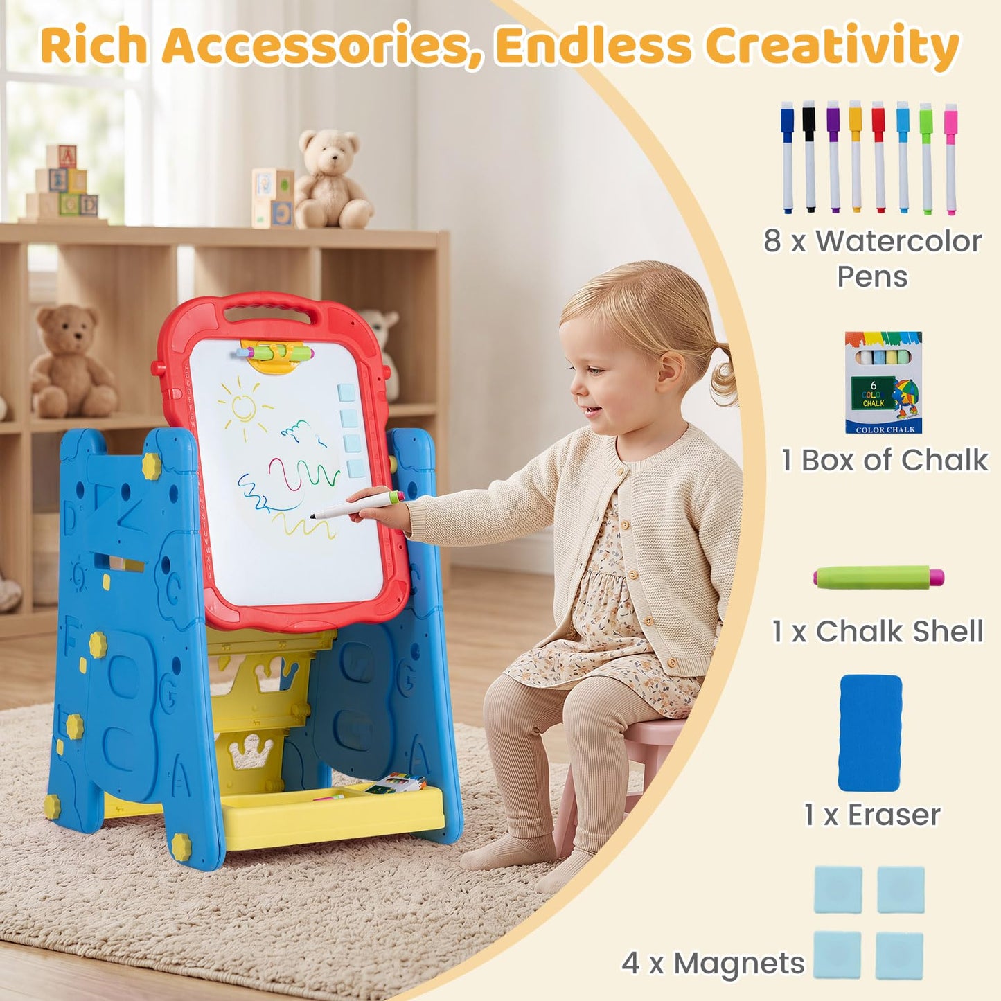 3 in 1 Art Easel for Kids Double Sided Magnetic Board Chalkboard and Whiteboard