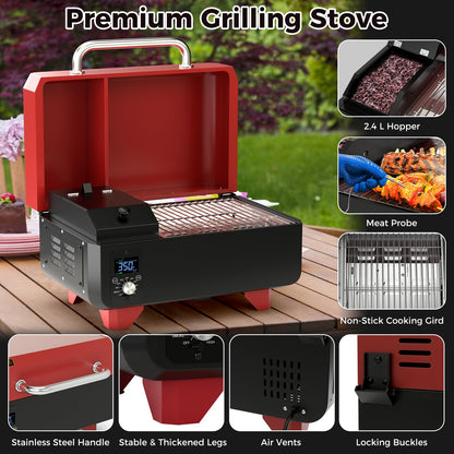 8-in-1 Portable Pellet Grill with Digital Control and Meat Probe for Backyard