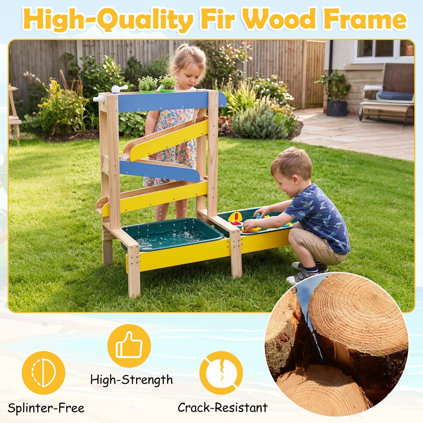 Fir Wood Montessori Sensory Play Activity Table with 2 Water Basin and Submarine Toys for Boys and Girls 3+