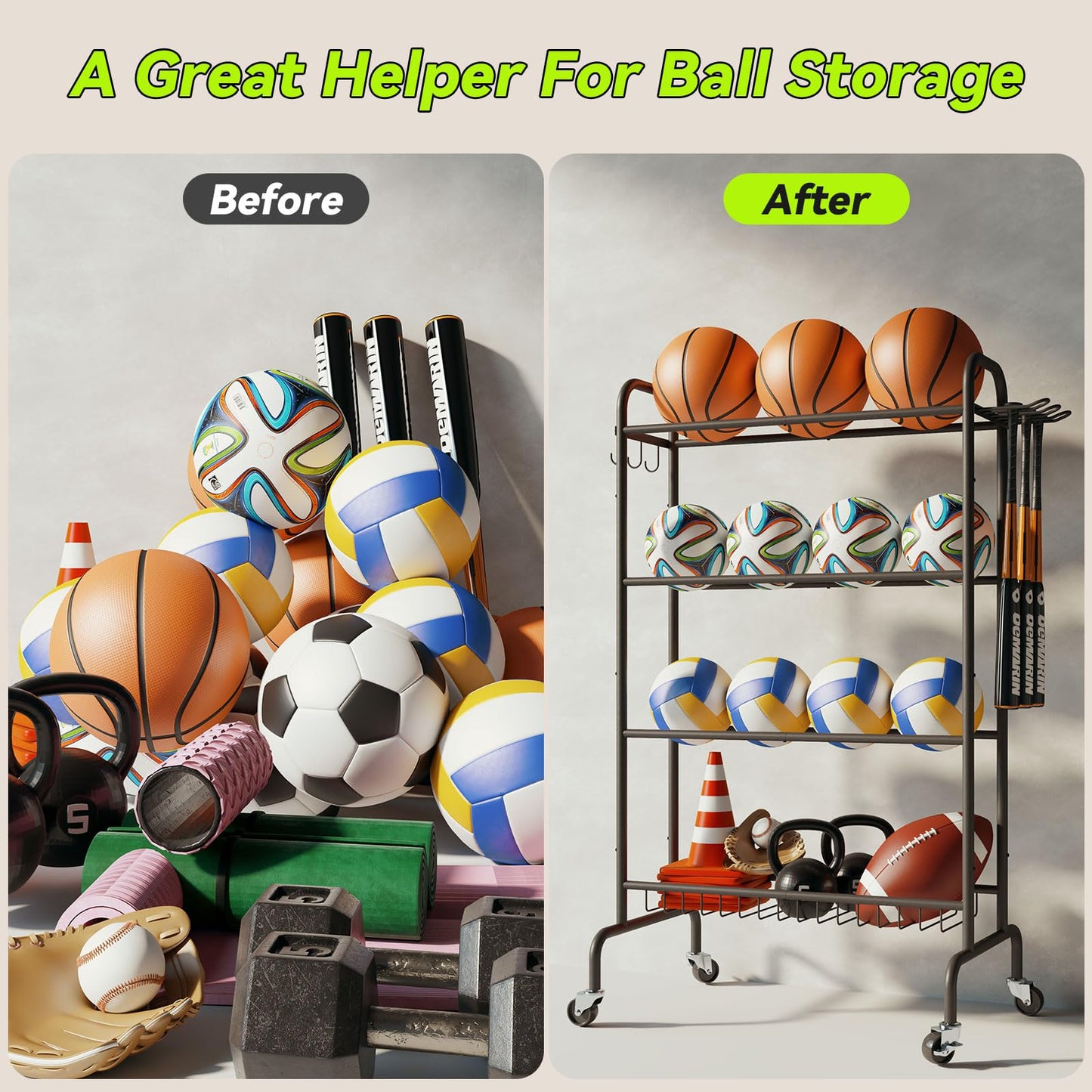 Ball Storage Rack, 4-Layers Rolling Basketball Football Rack with Wheels