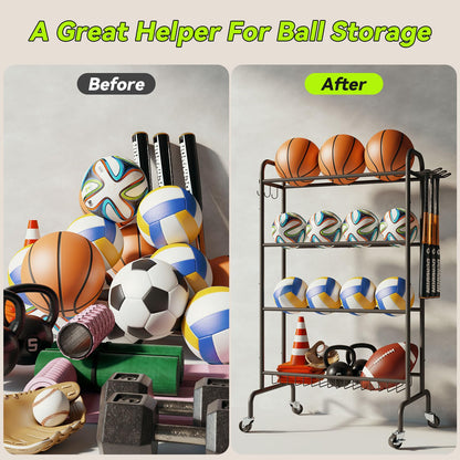 Ball Storage Rack, 4-Layers Rolling Basketball Football Rack with Wheels
